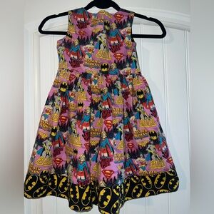 Handsewn - Girls' Pink Superhero Comic Print Dress - Wonder Woman & Batgirl